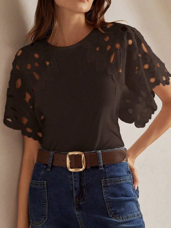 Tops - Coffee Brown Casual Women's Elegant Hollow-Out Short Sleeve T-Shirt